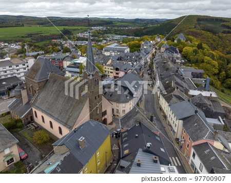 Aerial Drone Shot in Wiltz Luxembourg. View on a Castle at cloudy autumn day in Wiltz Aerial Drone Shot in Wiltz Luxembourg. View on a Castle at cloudy autumn day in Wiltz 97700907