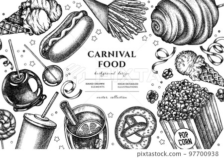 Carnival food hand drawn illustration design. Background with sketch french fries, pretzel, popcorn, lemonade, hot dog, mulled wine, caramel apple, cotton candy, ice cream cones, lollipop, ribbons. 97700938