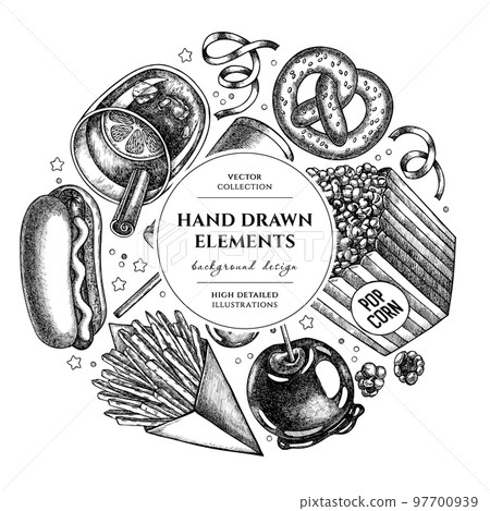 Carnival food circle design. Hand drawn french fries, pretzel, popcorn, lemonade, hot dog, mulled wine, caramel apple, ribbons. 97700939