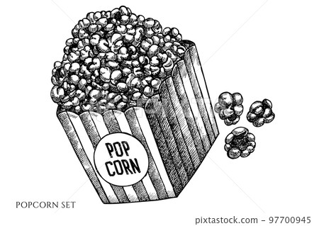 Carnival food vintage vector illustrations collection. Black and white popcorn. Carnival food vintage vector illustrations collection. Black and white popcorn. 97700945