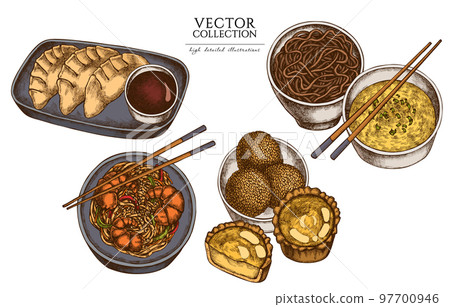 Asian food vintage illustrations collection. Hand drawn logo designs with jiaozi, jian dui, egg tart, noodles with shrimp, egg soup, noodles bowl. Asian food vintage illustrations collection. Hand drawn logo designs with jiaozi, jian dui, egg tart, noodles with shrimp, egg soup, noodles bowl. 97700946