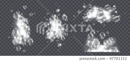 Soap foam bubbles, vector isolated shampoo suds, 3D white bath cloud set, realistic laundry texture 97701152