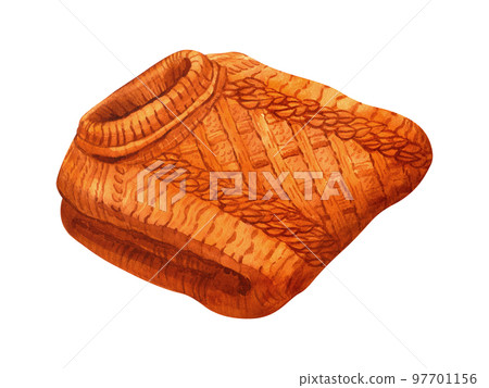 Watercolor clean laundered, neatly folded orange knitted sweater clothes.Hand-drawn illustration isolated on white background. Close up, top view. Concept for label, banner, menu, flyer, template. Watercolor clean laundered, neatly folded orange knitted sweater clothes.Hand-drawn illustration isolated on white background. Close up, top view. Concept for label, banner, menu, flyer, template. 97701156