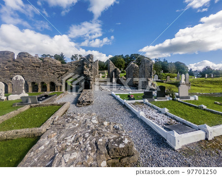 The historic Abbey Graveyard in Donegal town, which was build by Hugh O Donnell in 1474, in County Donegal - Ireland 97701250