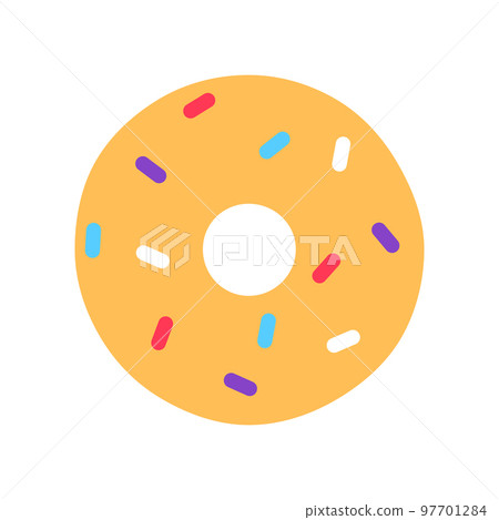 Flat yellow donut decorated with colorful sprinkles. Tasty baked fried unhealthy frosting dessert isolated on white background. Glazed doughnut art. Delicious junk food minimal vector illustration. 97701284