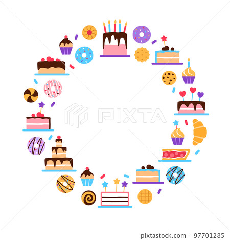 Pastry circle frame concept on white background. Colorful elements border with text space. Pastries patisserie for cafe restaurant menu banner design. Cake donut bun croissant pie vector illustration. 97701285