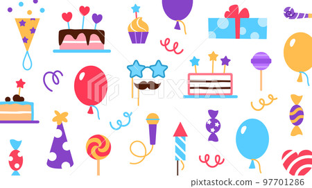 Birthday background for visit, business, greeting card invitation design. Anniversary celebration holiday event. Festive graphic element birthday cake balloon gift box microphone vector illustration. 97701286