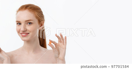 Beautiful Smiling Girl Taking Medication, Holding Bottle With Pills. Healthy Happy Female Eating Pill. Vitamins And Supplements,Diet Nutrition Concept 97701584