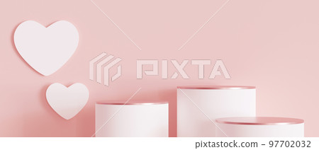 Three podiums with hearts. Valentine's Day, Mother's Day, Wedding. Podium for product, cosmetic presentation. Mock up. Pedestal or platform for beauty products. Banner. 3D render. 97702032