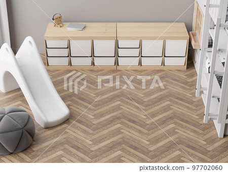 Room mock up for carpet. Children's room interior in scandinavian, contemporary style. Top view. Empty, copy space on parquet floor for your carpet or rug design. Modern template. 3D rendering. Room mock up for carpet. Children's room interior in scandinavian, contemporary style. Top view. Empty, copy space on parquet floor for your carpet or rug design. Modern template. 3D rendering. 97702060