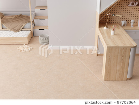 Room mock up for carpet. Children's room interior in scandinavian, contemporary style. Top view. Empty, copy space on the floor for your carpet or rug design. Modern template. 3D rendering. 97702064