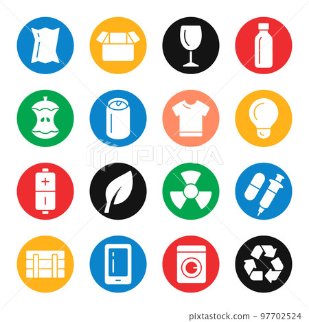 Waste sorting categories colourful vector icon set 97702524