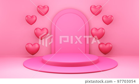 3d render of valentine and design composition. Abstact 3d geometric shapes backdrop for holiday concept. 3d pink background with balloons. Round stage podium. Balloons and gifts 3d render of valentine and design composition. Abstact 3d geometric shapes backdrop for holiday concept. 3d pink background with balloons. Round stage podium. Balloons and gifts 97703054