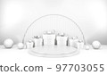 Empty stage with podium and Christmas decorations. Minimal mockup xmas winter scene. Christmas trees and gift boxes on pure white greay background with copy space, front view. 3d render illustration. 97703055