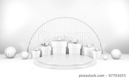 Empty stage with podium and Christmas decorations. Minimal mockup xmas winter scene. Christmas trees and gift boxes on pure white greay background with copy space, front view. 3d render illustration. 97703055