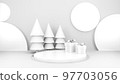 Empty stage with podium and Christmas decorations. Minimal mockup xmas winter scene. Christmas trees and gift boxes on pure white greay background with copy space, front view. 3d render illustration. 97703056