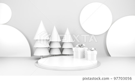 Empty stage with podium and Christmas decorations. Minimal mockup xmas winter scene. Christmas trees and gift boxes on pure white greay background with copy space, front view. 3d render illustration. 97703056