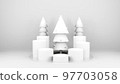 Empty stage with podium and Christmas decorations. Minimal mockup xmas winter scene. Christmas trees and gift boxes on pure white greay background with copy space, front view. 3d render illustration. 97703058