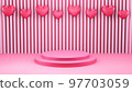 3d render of valentine and design composition. Abstact 3d geometric shapes backdrop for holiday concept. 3d pink background with balloons. Round stage podium. Balloons and gifts 97703059