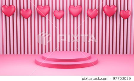 3d render of valentine and design composition. Abstact 3d geometric shapes backdrop for holiday concept. 3d pink background with balloons. Round stage podium. Balloons and gifts 97703059