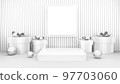 Empty stage with podium and Christmas decorations. Minimal mockup xmas winter scene. Christmas trees and gift boxes on pure white greay background with copy space, front view. 3d render illustration. 97703060