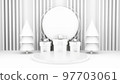 Empty stage with podium and Christmas decorations. Minimal mockup xmas winter scene. Christmas trees and gift boxes on pure white greay background with copy space, front view. 3d render illustration. 97703061