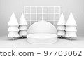 Empty stage with podium and Christmas decorations. Minimal mockup xmas winter scene. Christmas trees and gift boxes on pure white greay background with copy space, front view. 3d render illustration. 97703062