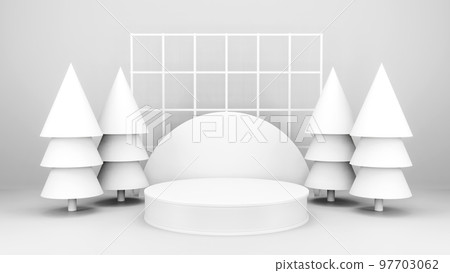 Empty stage with podium and Christmas decorations. Minimal mockup xmas winter scene. Christmas trees and gift boxes on pure white greay background with copy space, front view. 3d render illustration. Empty stage with podium and Christmas decorations. Minimal mockup xmas winter scene. Christmas trees and gift boxes on pure white greay background with copy space, front view. 3d render illustration. 97703062