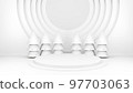 Empty stage with podium and Christmas decorations. Minimal mockup xmas winter scene. Christmas trees and gift boxes on pure white greay background with copy space, front view. 3d render illustration. 97703063