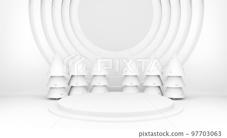 Empty stage with podium and Christmas decorations. Minimal mockup xmas winter scene. Christmas trees and gift boxes on pure white greay background with copy space, front view. 3d render illustration. 97703063