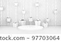 Empty stage with podium and Christmas decorations. Minimal mockup xmas winter scene. Christmas trees and gift boxes on pure white greay background with copy space, front view. 3d render illustration. 97703064