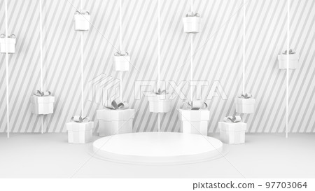 Empty stage with podium and Christmas decorations. Minimal mockup xmas winter scene. Christmas trees and gift boxes on pure white greay background with copy space, front view. 3d render illustration. Empty stage with podium and Christmas decorations. Minimal mockup xmas winter scene. Christmas trees and gift boxes on pure white greay background with copy space, front view. 3d render illustration. 97703064