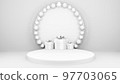 Empty stage with podium and Christmas decorations. Minimal mockup xmas winter scene. Christmas trees and gift boxes on pure white greay background with copy space, front view. 3d render illustration. 97703065