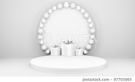 Empty stage with podium and Christmas decorations. Minimal mockup xmas winter scene. Christmas trees and gift boxes on pure white greay background with copy space, front view. 3d render illustration. Empty stage with podium and Christmas decorations. Minimal mockup xmas winter scene. Christmas trees and gift boxes on pure white greay background with copy space, front view. 3d render illustration. 97703065