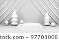 Empty stage with podium and Christmas decorations. Minimal mockup xmas winter scene. Christmas trees and gift boxes on pure white greay background with copy space, front view. 3d render illustration. 97703066