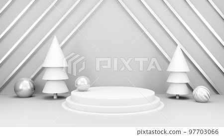 Empty stage with podium and Christmas decorations. Minimal mockup xmas winter scene. Christmas trees and gift boxes on pure white greay background with copy space, front view. 3d render illustration. Empty stage with podium and Christmas decorations. Minimal mockup xmas winter scene. Christmas trees and gift boxes on pure white greay background with copy space, front view. 3d render illustration. 97703066