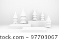 Empty stage with podium and Christmas decorations. Minimal mockup xmas winter scene. Christmas trees and gift boxes on pure white greay background with copy space, front view. 3d render illustration. 97703067