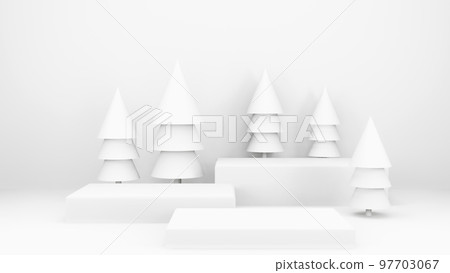Empty stage with podium and Christmas decorations. Minimal mockup xmas winter scene. Christmas trees and gift boxes on pure white greay background with copy space, front view. 3d render illustration. Empty stage with podium and Christmas decorations. Minimal mockup xmas winter scene. Christmas trees and gift boxes on pure white greay background with copy space, front view. 3d render illustration. 97703067