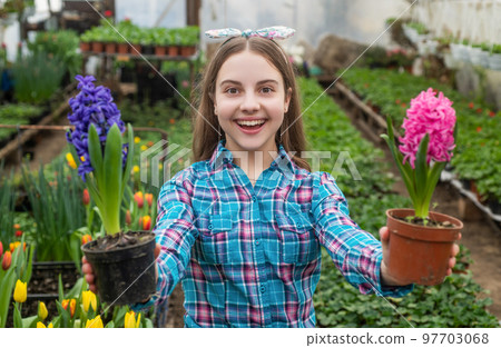 happy teen girl florist care pot plants in greenhouse, gardening happy teen girl florist care pot plants in greenhouse, gardening 97703068