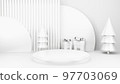 Empty stage with podium and Christmas decorations. Minimal mockup xmas winter scene. Christmas trees and gift boxes on pure white greay background with copy space, front view. 3d render illustration. 97703069