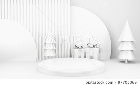 Empty stage with podium and Christmas decorations. Minimal mockup xmas winter scene. Christmas trees and gift boxes on pure white greay background with copy space, front view. 3d render illustration. Empty stage with podium and Christmas decorations. Minimal mockup xmas winter scene. Christmas trees and gift boxes on pure white greay background with copy space, front view. 3d render illustration. 97703069