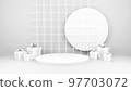 Empty stage with podium and Christmas decorations. Minimal mockup xmas winter scene. Christmas trees and gift boxes on pure white greay background with copy space, front view. 3d render illustration. 97703072