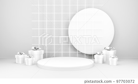 Empty stage with podium and Christmas decorations. Minimal mockup xmas winter scene. Christmas trees and gift boxes on pure white greay background with copy space, front view. 3d render illustration. Empty stage with podium and Christmas decorations. Minimal mockup xmas winter scene. Christmas trees and gift boxes on pure white greay background with copy space, front view. 3d render illustration. 97703072
