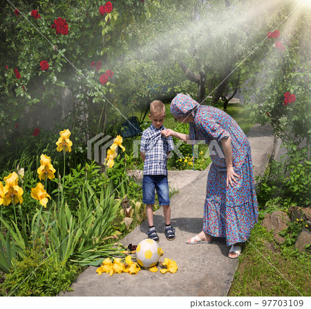 Mom scolds son for broken flowers Mom scolds son for broken flowers 97703109