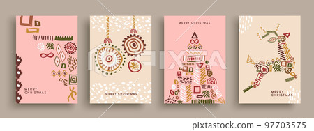 Merry Christmas greeting card collection set in ethinc doodles shapes Merry Christmas greeting card collection set in ethinc doodles shapes 97703575