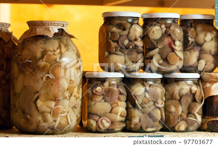 Glass jars with homemade marinated mushrooms stand in a row Glass jars with homemade marinated mushrooms stand in a row 97703677