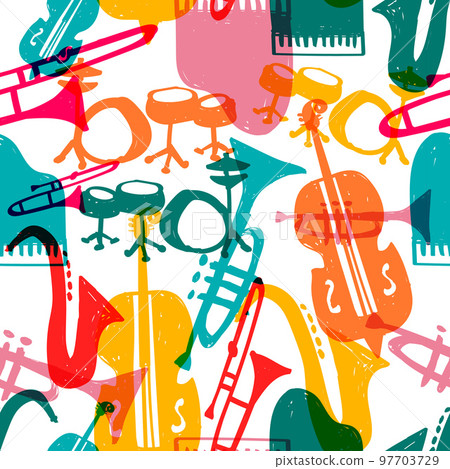 Jazz music instrument doodle seamless pattern background 97703729