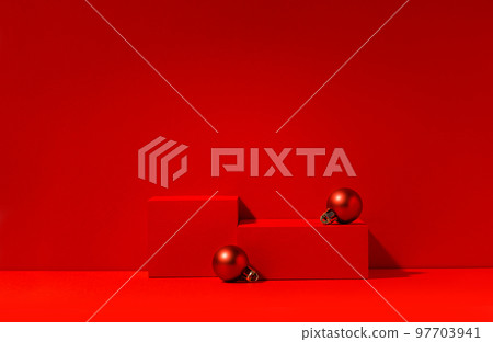 Red Christmas stage for product presentation, red podium with copy space. Studio photography. Red Christmas stage for product presentation, red podium with copy space. Studio photography. 97703941