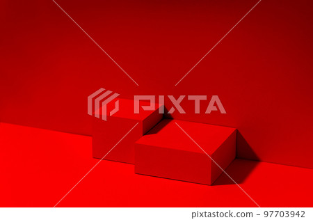Red scene for product presentation, red podium with copy space. Studio photography. Red scene for product presentation, red podium with copy space. Studio photography. 97703942