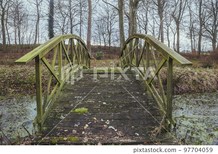 Old rotten bridge over a stream in Denmark 97704059